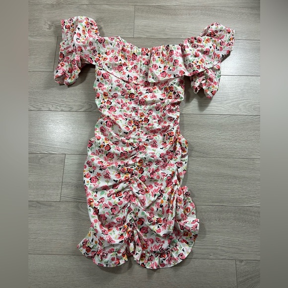 Zara Ruffle Ruched Floral Print Off-Shoulder Mini Dress - Picture 2 of 10